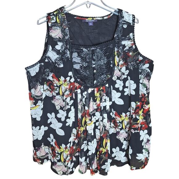 Roaman's Women 20W Black Floral Lace Accent Flowy Embroidered Coquette Tank top - Picture 1 of 6